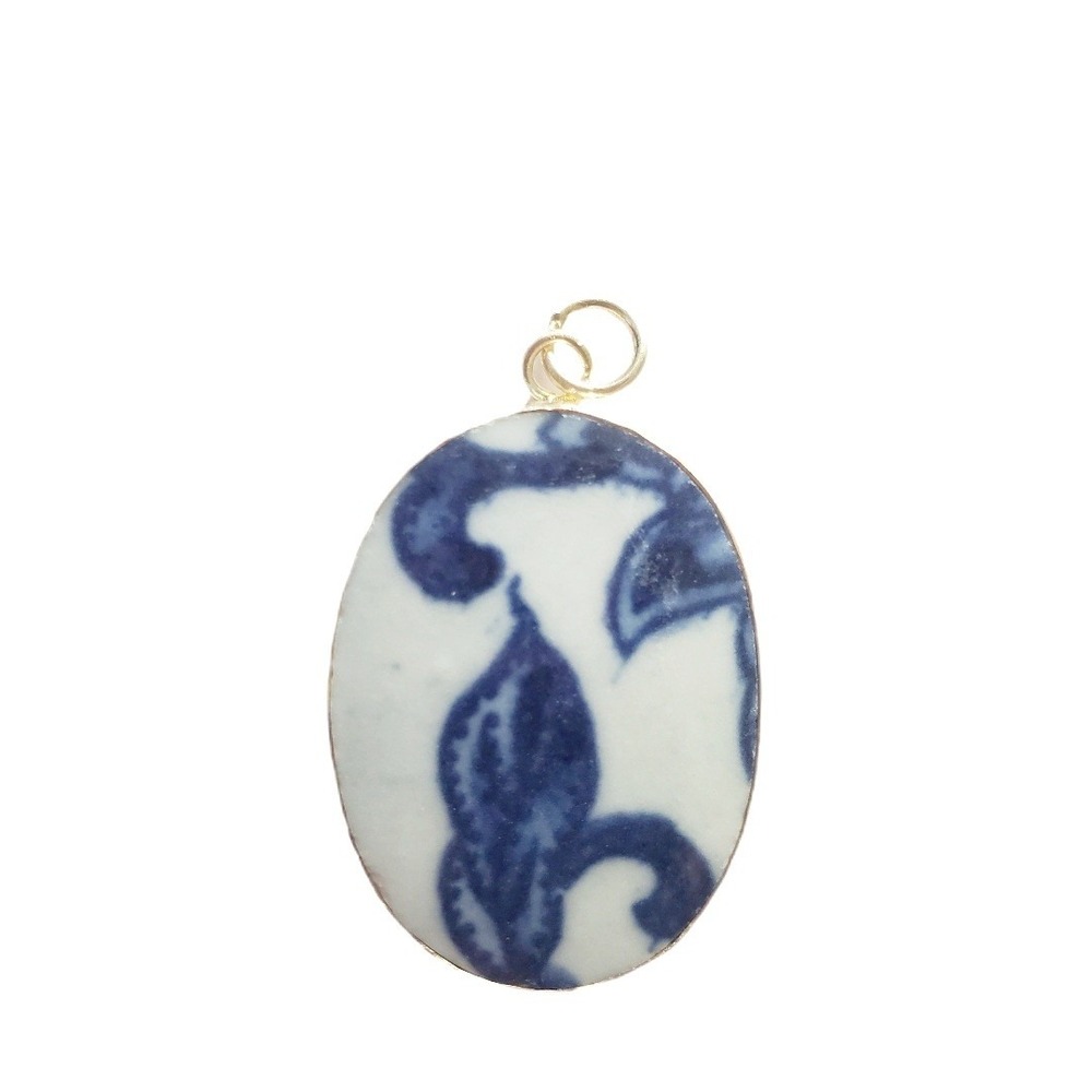 Vintage Ming Blue & White Porcelain Pottery Shard Pendant Oval Chinoiserie Focal